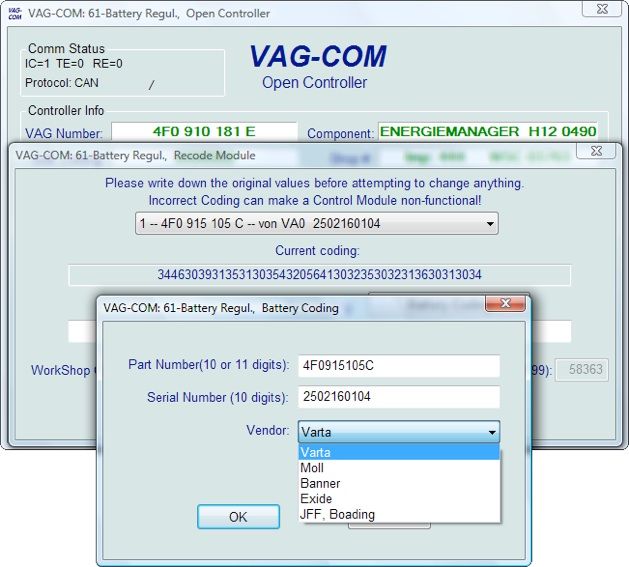 VCDS battery coding